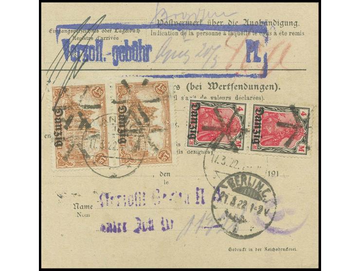 1,50 (2) und 4 M. (4) mit Korkstempeln vorder- und rückseitig auf Paketkarte von "DANZIG 17.3.22" nach Berlin, kleine Mängel
