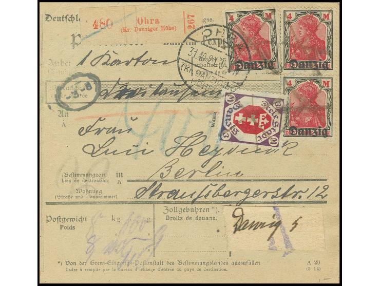 4 M., drei Einzelwerte, und 1921, kleines Staatswappen 3 M. mit Federzug und nebengesetztem Stempel "OHRA 31.10.21" auf Paket