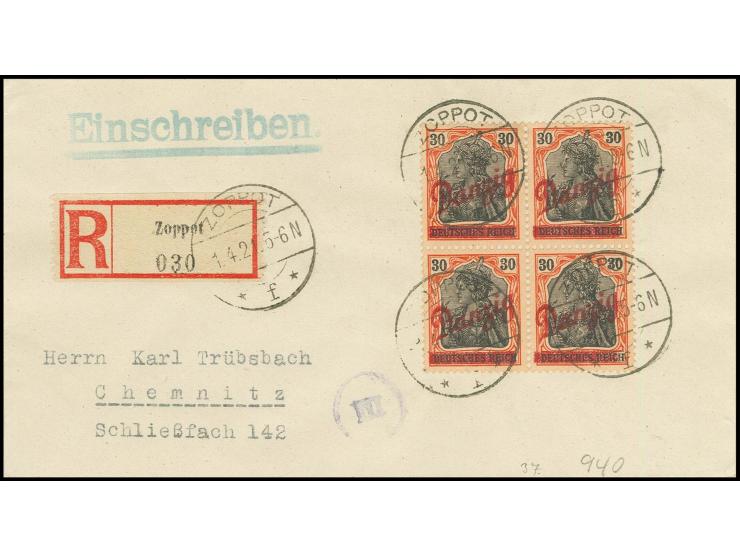30 Pfg. im Viererblock mit Stempel "ZOPPOT 1.4.21" auf portogerechtem R-Brief nach Chemnitz, Kabinett, sign. Infla und Fotoat