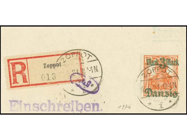 3 M. auf 7½ Pfg. mit Stempel "ZOPPOT 18.8.21" auf großem Briefstück mit R-Zettel, Kabinett, sign. Infla/Schüler BPP