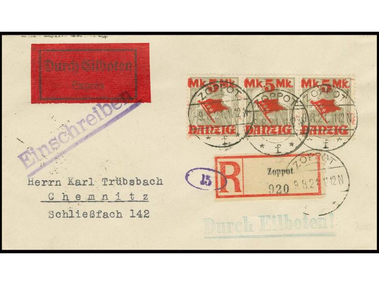 5 M. auf 2 Pfg. im waagerechten Dreierstreifen mit Stempel "ZOPPOT -9.8.21" auf  eingeschriebenem Eilboten-Brief nach Chemnit