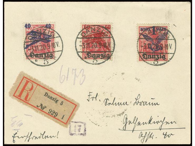 1920, Flugpost 40 Pfg.-1 M. mit Stempel "DANZIG -3.11.20" auf R-Brief, 40 Pf. mit Plattenfehler "rechte 0 stark eingedellt", 