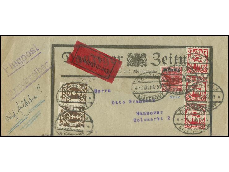 60 Pfg. mit Zusatzfrankatur auf überfrankiertem Luftpost-Eilboten-Streifband von "DANZIG 7.10.21" nach Hannover mit Ankunftss