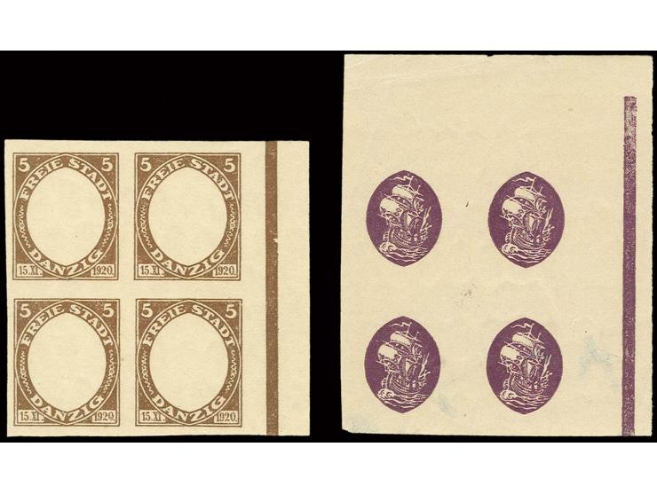 1921, Kogge 5 Pfg., 2 Probedruck-Viererblocks, dabei einmal "nur Rahmen" in braun sowie einmal "nur Mittelstück" in braunviol