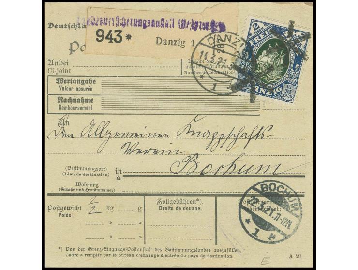 2 M. mit Korkstempel auf Paketkarte von "DANZIG 14.3.21" nach Bochum