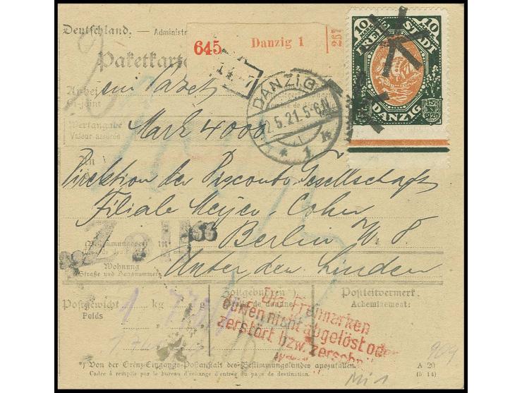 3 und 10 M. (Unterrand) mit Korkstempel vorder- und rückseitig auf Paketkarte von "DANZIG 12.5.21" nach Berlin