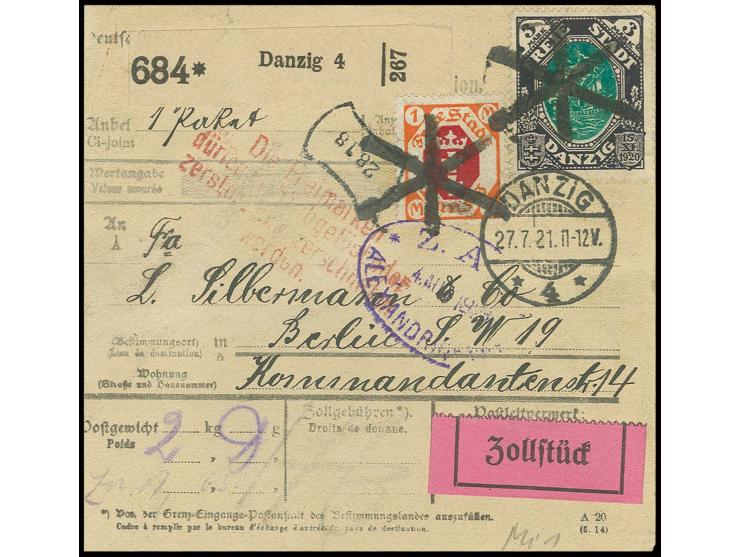 3 M. und 1 M. mit Korkstempel auf Paketkarte von "DANZIG 27.7.21" nach Berlin