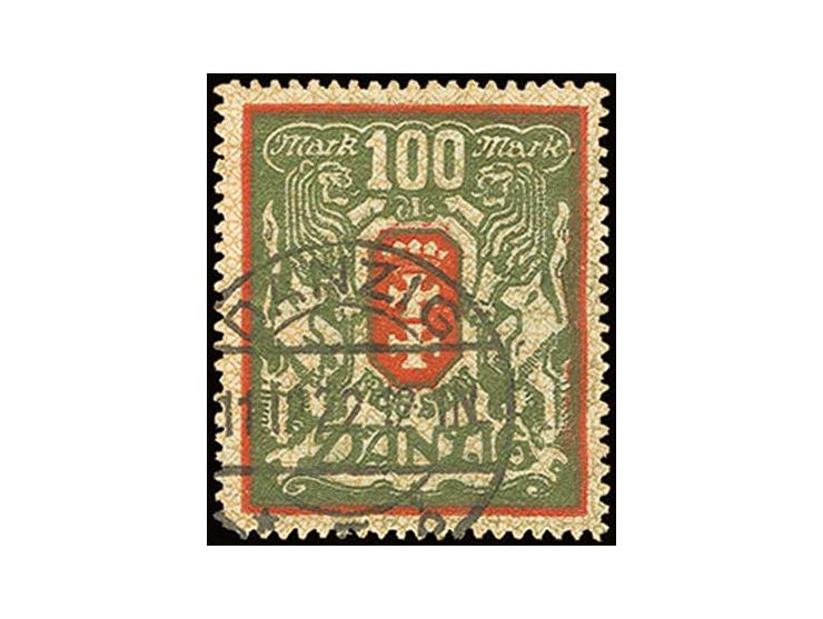 100 M. dunkelzinnoberrot/dunkelgrünoliv mit Wasserzeichen X, sauber gestempelt "DANZIG 11.12.22", linke untere Ecke minimal E