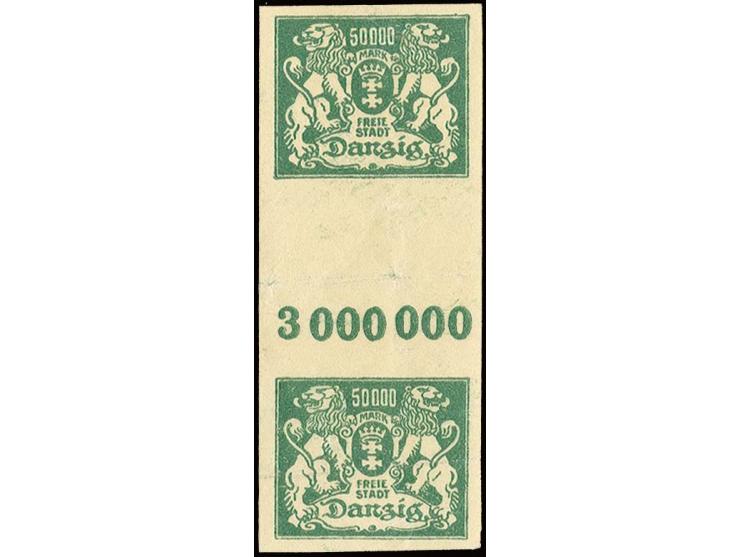 50000 M. ungezähnt im senkrechten Zwischenstegpaar, die obere Marke ungebraucht, die untere postfrisch, diese mit waagerechte