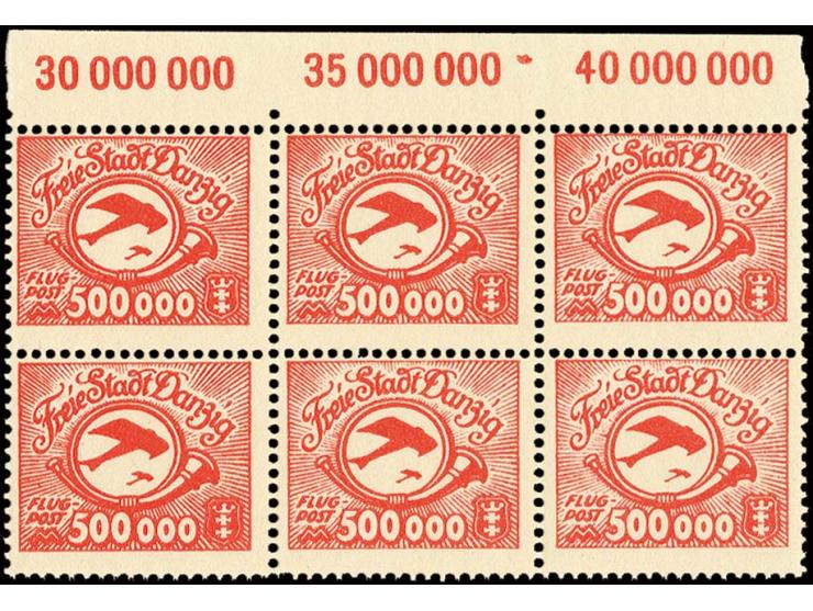Flugpost 500000 M. mit stehendem Wasserzeichen im Oberrand-Sechserblock, postfrisch, Kabinett (Mi.900,-)