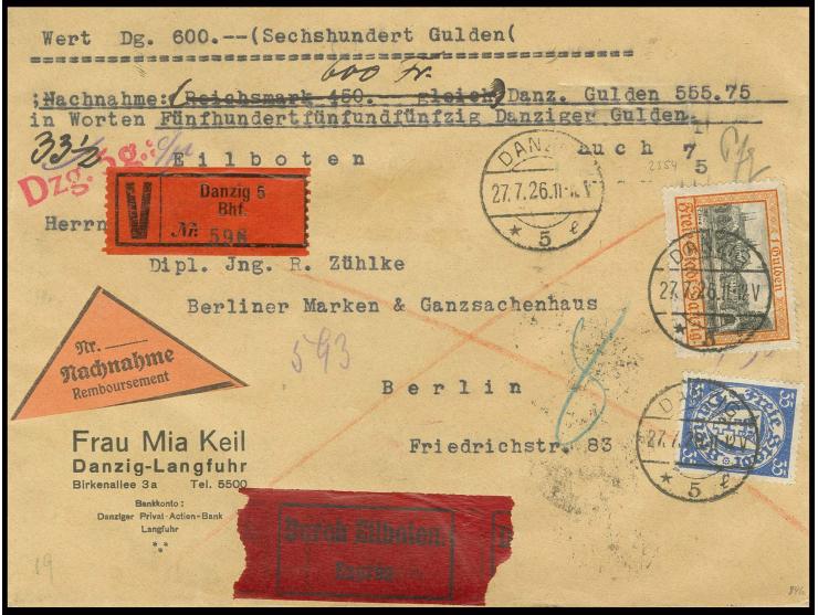 Ansichten 1 G. (etwas gestaucht) und Wappen 35 Pfg. auf portogerechtem Wert-Nachnahme-Eil-Brief von "DANZIG 27.7.26" nach Ber