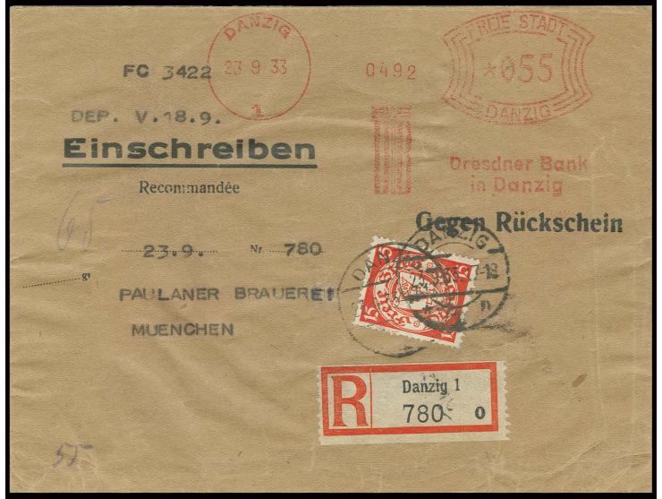 1925, Wappen 15 Pfg. als Zusatz auf Bankbrief mit Absender-Freistempel "Dresdner Bank in Danzig / 55 Pfg. / DANZIG 23.9.33" a
