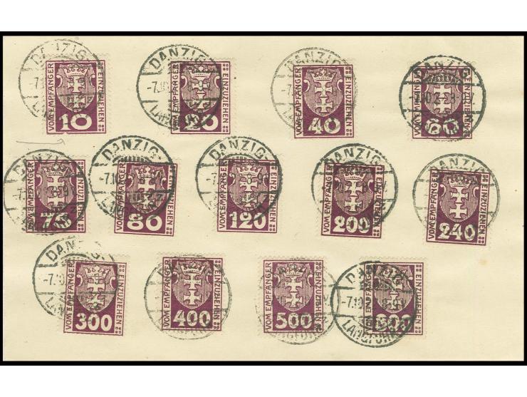 PORTOMARKEN: 1921, 10-800 Pfg. kpl., einzeln gestempelt "DANZIG LANGFUHR 7.10.22" auf Unterlage, sign. Infla und Gruber BPP