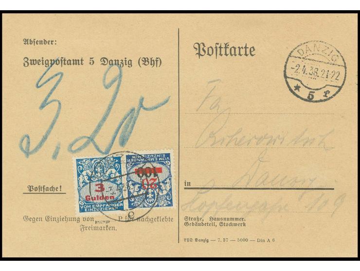 1927, 3 G.. und 20 auf 100 Pfg mit Stempel "DANZIG 1 -3.4.38" auf Verrechnungskarte für acht falsch frankierte Briefsendungen