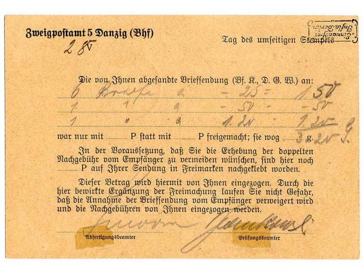 1927, 3 G.. und 20 auf 100 Pfg mit Stempel "DANZIG 1 -3.4.38" auf Verrechnungskarte für acht falsch frankierte Briefsendungen