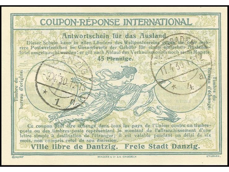 INTERNATIONALE ANTWORTSCHEINE: 1930, Antwortschein 45 Pfg. im Muster "Stockholm" gestempelt "DANZIG -94.30" und eingelöst "WI