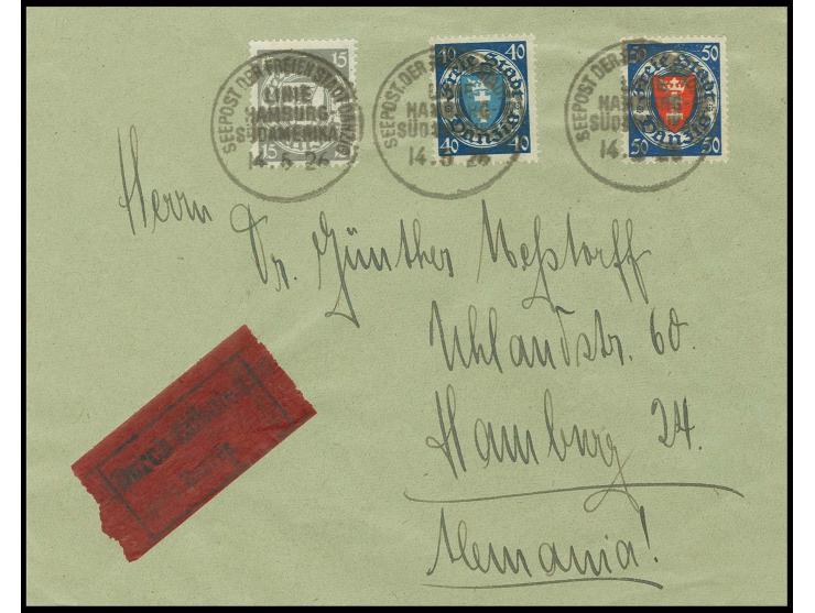 STEMPEL: "SEEPOST DER FREIEN STADT DANZIG LINIE HAMBURG SÜDAMERIKA 14.5.26" dreimal klar auf 1924, Staatswappen 15, 40 und 50