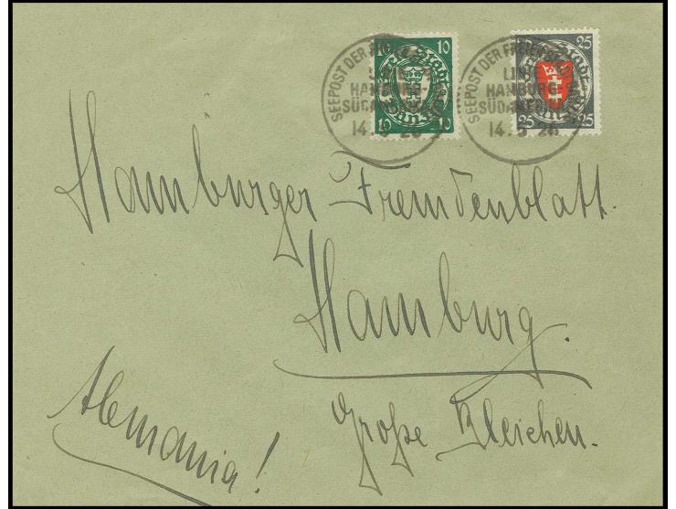 "SEEPOST DER FREIEN STADT DANZIG LINIE HAMBURG SÜDAMERIKA 14.5.26" zweimal klar auf 1924, Staatswappen 10 und 25 Pfg. auf nac