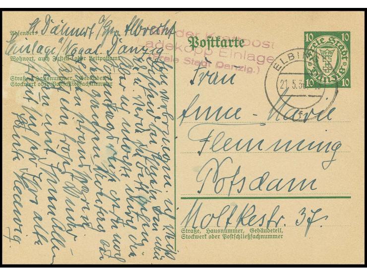 "Von der Kraftpost Ladekopp-Einlage (Freie Stadt Danzig.) klar in violett auf Ganzsachenkarte 10 Pfg. mit Stempel "ELBING 21.