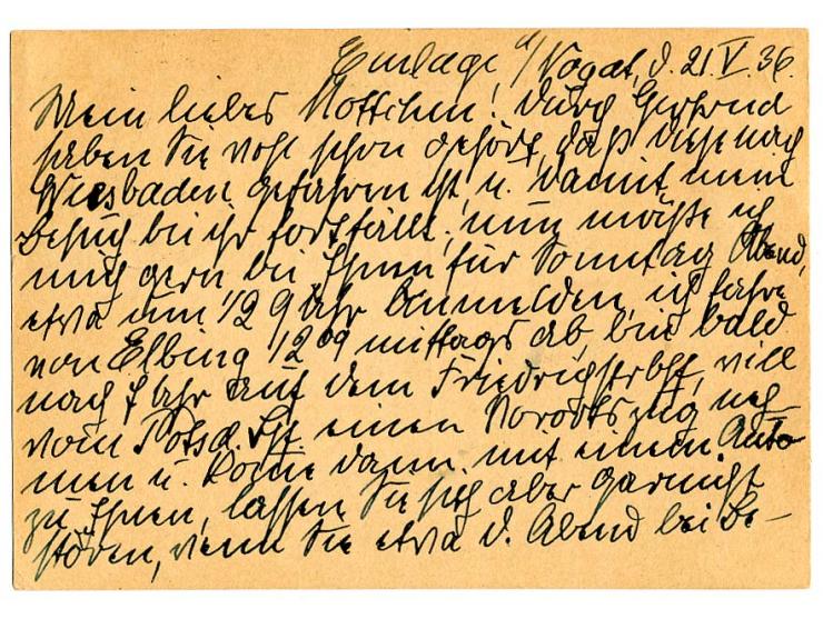 "Von der Kraftpost Ladekopp-Einlage (Freie Stadt Danzig.) klar in violett auf Ganzsachenkarte 10 Pfg. mit Stempel "ELBING 21.