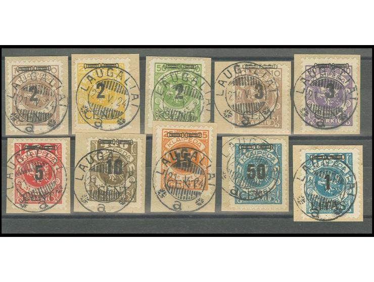 2 C.-1 L. komplett, je einzeln mit Stempel "LAUGALIAI 21.V.24" auf Briefstücken, Kabinett, Fotoattest Huylmans BPP