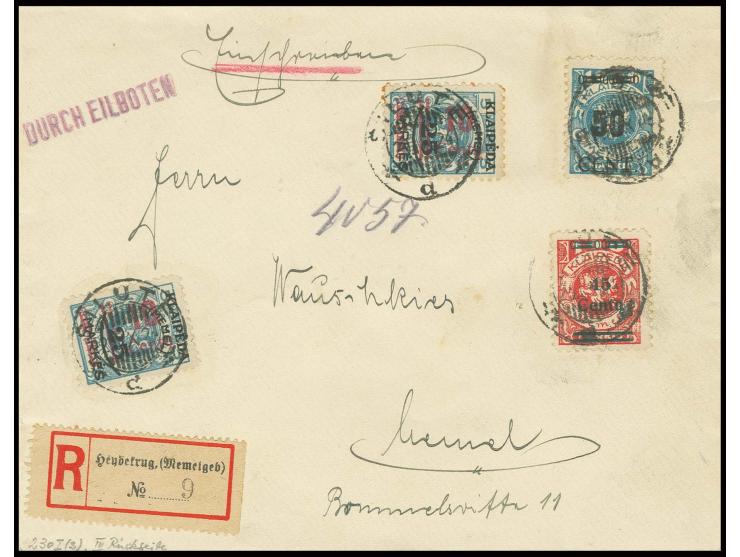 10 C. auf 25 M. auf 5 C. (3, einmal Einriß) mit Zusatzfrankatur vorder- und rückseitig auf R-Brief von "SILUTE 29.9.24" (deut