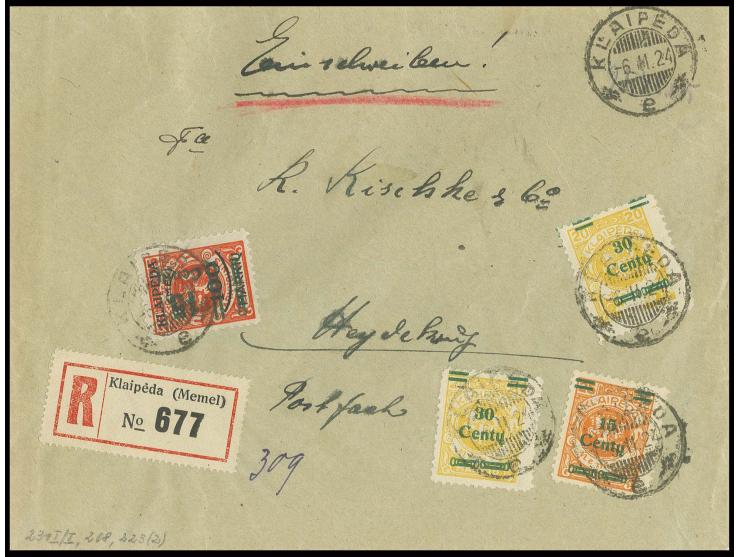 15 C. auf 100 M. auf 25 C. mit Zusatz 30 C. auf 20 M. (2) und 15 C. auf 25 M. auf R-Brief von "KLAIPEDA 6.II.24" nach Heydekr