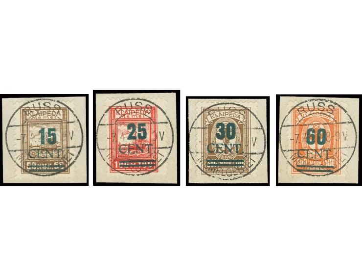 Grünaufdruck 15-60 C. kpl., je einzeln mit klarem Stempel "RUSS MEMELGEBIET -7.4.24 8-9V" auf Briefstücken in einwandfreier E