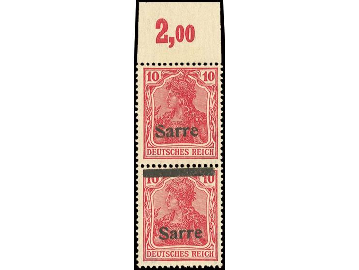 10 Pfg. im senkrechten Oberrandpaar, dabei obere Marke nur mit Aufdruck "Sarre", die untere Marke mit Balken oben, postfrisch