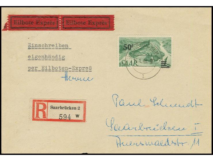 1947, Urdruck 50 Fr. als portogerechte Einzelfrankatur auf Einschreiben-Eigenhändig-Eilboten-Ortsbrief aus "SAARBRÜCKEN 15.1.
