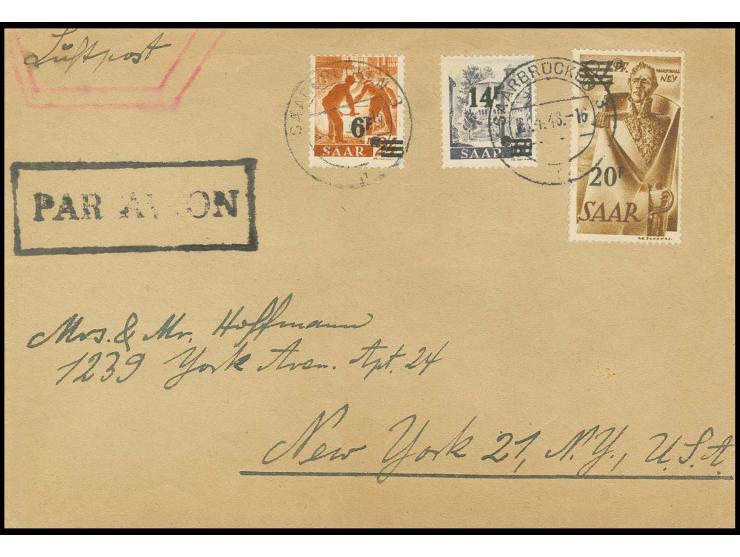 Neuauflage 20 Fr., 14 Fr. und 6 Fr. als portogerechte Frankatur auf Luftpostbrief bis 10 gr. von "SAARBRÜCKEN 23.4.48" in die