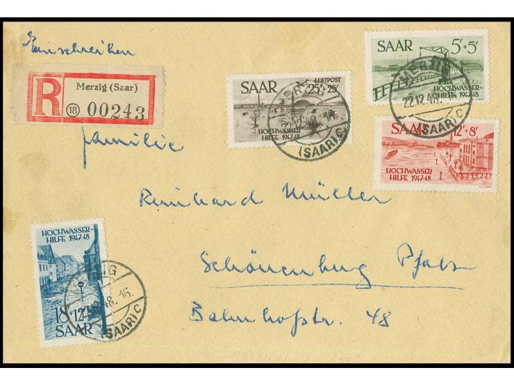 Hochwasser 5 Fr. und 12-25 Fr. als portogerechte Frankatur auf Einschreibe-Brief von "MERZIG 22.12.48" nach Schöneberg mit An