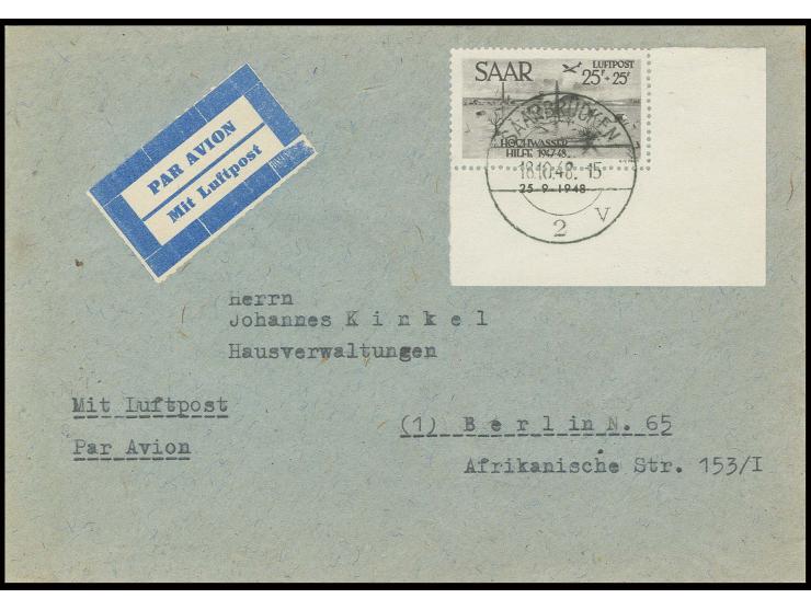 25 Fr. aus der rechten unteren Bogenecke mit Druckdatum "25.9.1948" auf Luftpostbrief (1 Fr. überfrankiert) von "SAARBRÜCKEN 