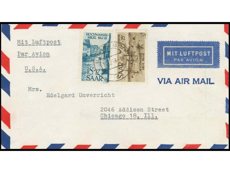 25 Fr. und 18 Fr. als portogerechte Frankatur auf Luftpostbrief von "ILLINGEN 10.2.48" in die USA, Fotoattest C. Ney