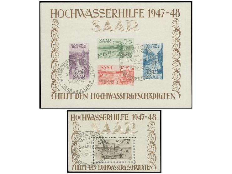 Hochwasser-Blockpaar mit sauberen Stempeln "DER FRANZÖSISCHE AUSSENMINISTER BESUCHT DAS SAARLAND SAARBRÜCKEN 2 15.12.48", lei