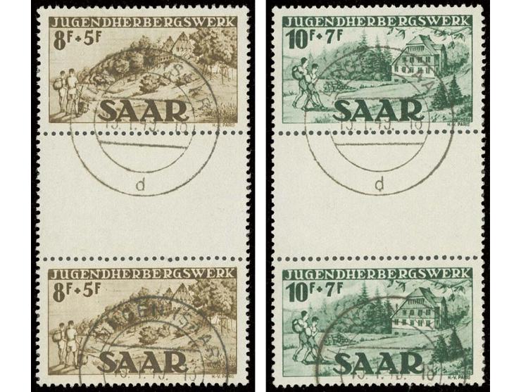 1949, Jugendherbergswerk 8 und 10 Fr. jeweils im senkrechten Zwischenstegpaar, dabei untere 8 Fr.-Marke mit Plattenfehler "Ra