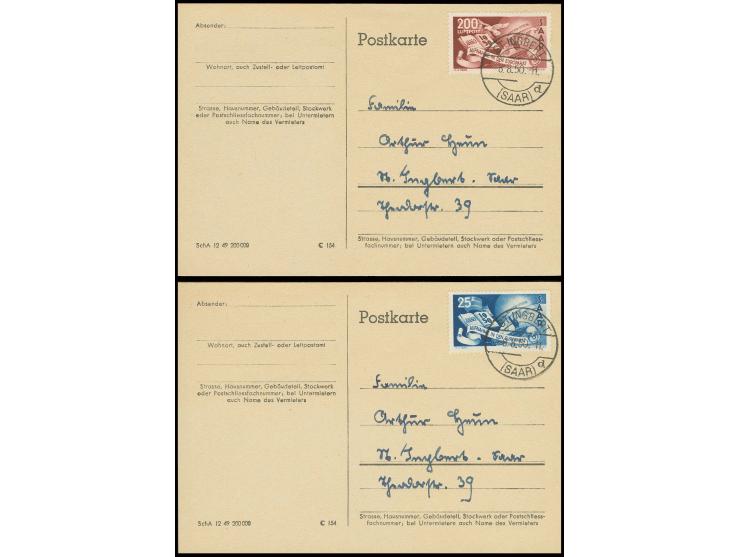 25 Fr. und 200 Fr. mit Ersttagsstempel "ST.INGBERT 8.8.50" auf 2 Karten mit Beschriftung, rückseitig blanko, Fotoattest Geigl