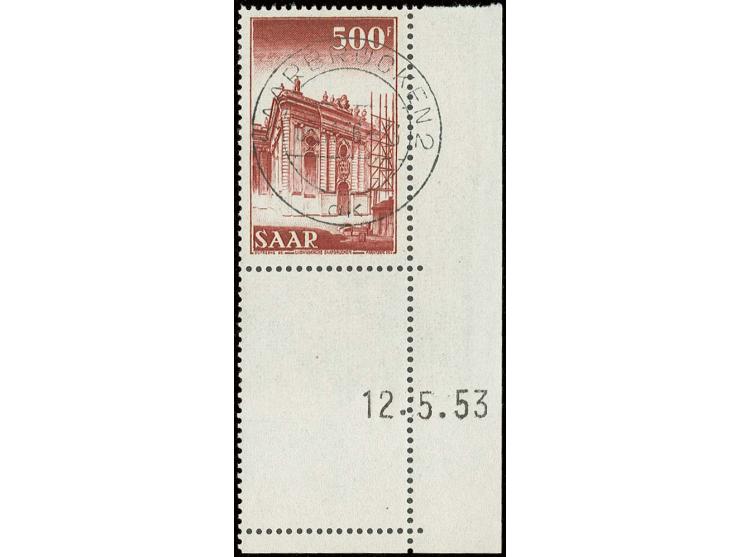 500 Fr. aus der rechten unteren Bogenecke mit Druckdatum 12.5.53, gestempelt "SAARBRÜCKEN 2/5.11.56" Fotokurzbefund Geigle BP