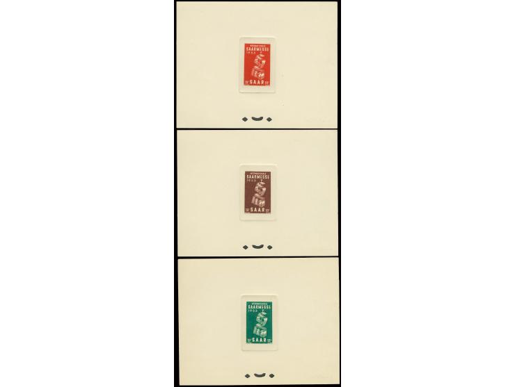 Saarmesse 15 Fr. als epreuve d'artist im Blockformat auf Kartonpapier, ohne Gummi wie verausgabt, 3 Stück in rot, braun und g