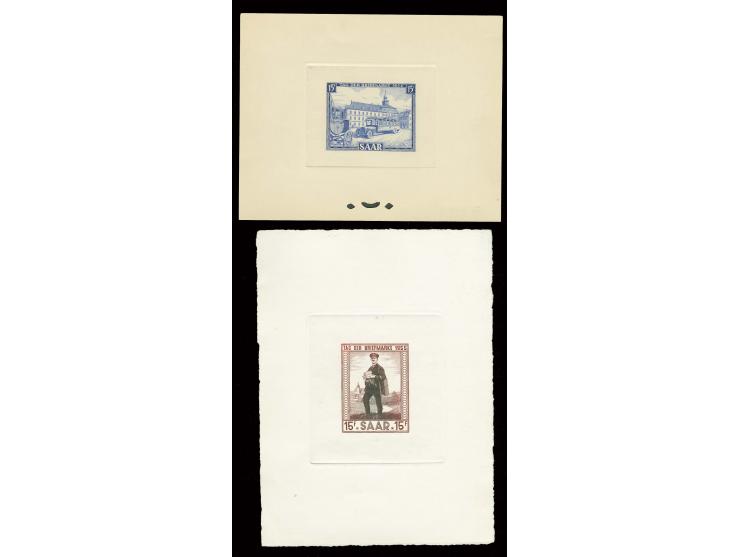 1954/55, Tag der Briefmarke 15 Fr. beider Jahre als epreuve d'artist im Blockformat in blau bzw. braun auf Kartonpapier, ohne