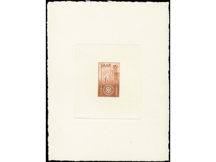 Saarmesse 15 Fr., 2 Stück als epreuve d'artist im Blockformat in braun bzw. dunkelgrün auf Kartonpapier, ohne Gummi wie verau
