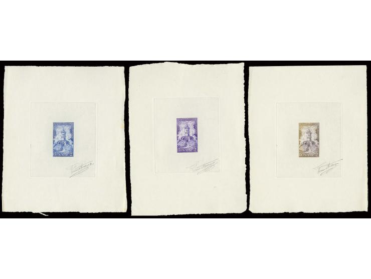 5 Fr. als epreuve d'artist im Blockformat auf Kartonpapier ohne Gummi wie verausgabt, 3 Stück in braun, violett und blau, jew