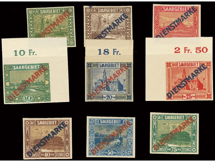 DIENSTMARKEN: 1922, 3 C. und 10 C.-75 C. ungezähnt, teils vom Ober- bzw. Eckrand, postfrisch, ein Wert sign. "D" (Mi. 2.950,-