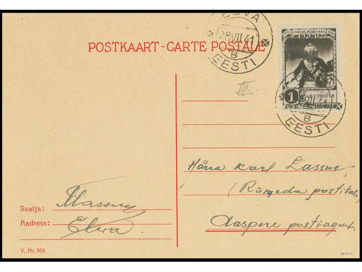 Suworow 1 Rbl. mit kopfstehendem Aufdruck mit Stempel "ELVA B 28 VII 41" auf Postkartenformular, adressiert an den ortsansäss