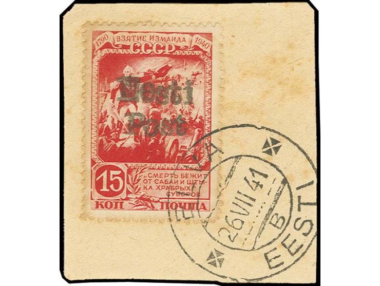 15 K. mit Stempel "ELVA 26 VII 41" auf Briefstück, stockig sonst in guter Erhaltung, bisher sind erst 9 Stück bekannt, Fotoat