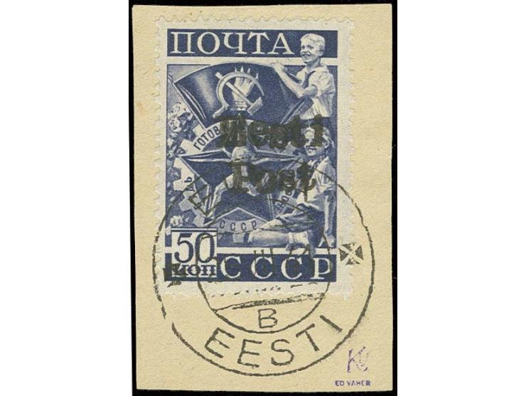 50 K. mit sauberem Stempel "ELVA B -5 VIII 41" auf Briefstück, Kabinett, Auflage nur 65 Stück, u.a. sign. Vaher und Puloaas s