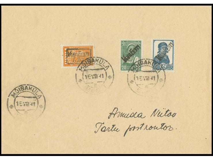 10, 20 K. und 1.20 auf 1 K. mit Stempel "MOISEKÜLA 15 VIII 41" auf beschriftetem Umschlag, Kabinett, Fotoattest Krischke BPP