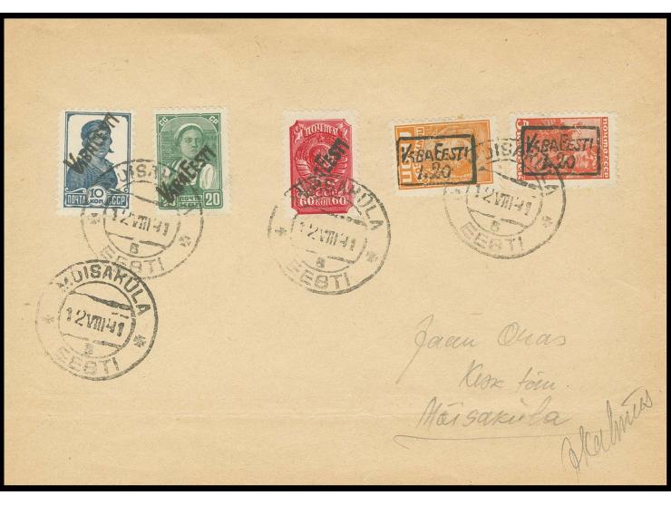 10 K. - 1.20 auf 1 K. sowie 1.20 auf 5 K. mit Stempel "MOISAKÜLA 12 VIII 41" auf beschriftetem Umschlag, Faltung unten durch 