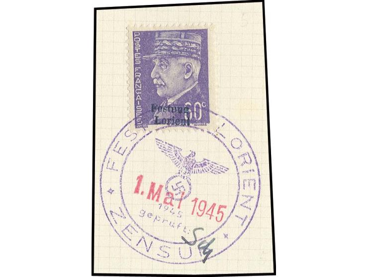 60 C. mit Stempel "FESTUNG LORIENT ZENSUR 1. Mai 1945" auf Briefstück, nebengesetzt die Paraphe des Zensuroffiziers Dr. Schmi