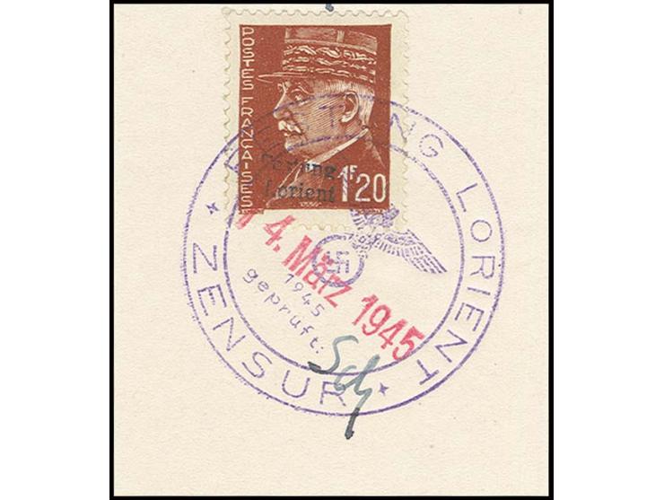 1.20 Fr. mit Stempel "FESTUNG LORIENT ZENSUR 14. März 1945" auf Briefstück, nebengesetzt die Paraphe des Zensuroffiziers Dr. 